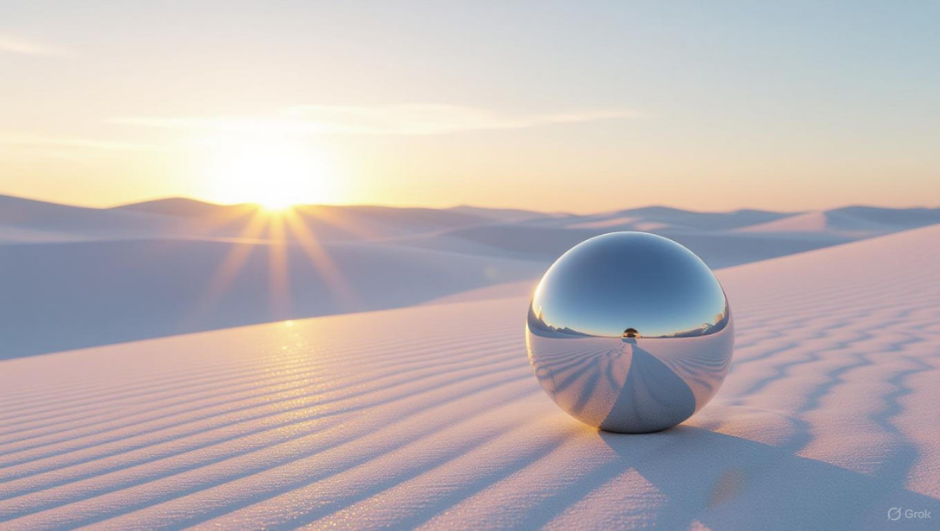 Reflective sphere on pristine landscape at sunrise